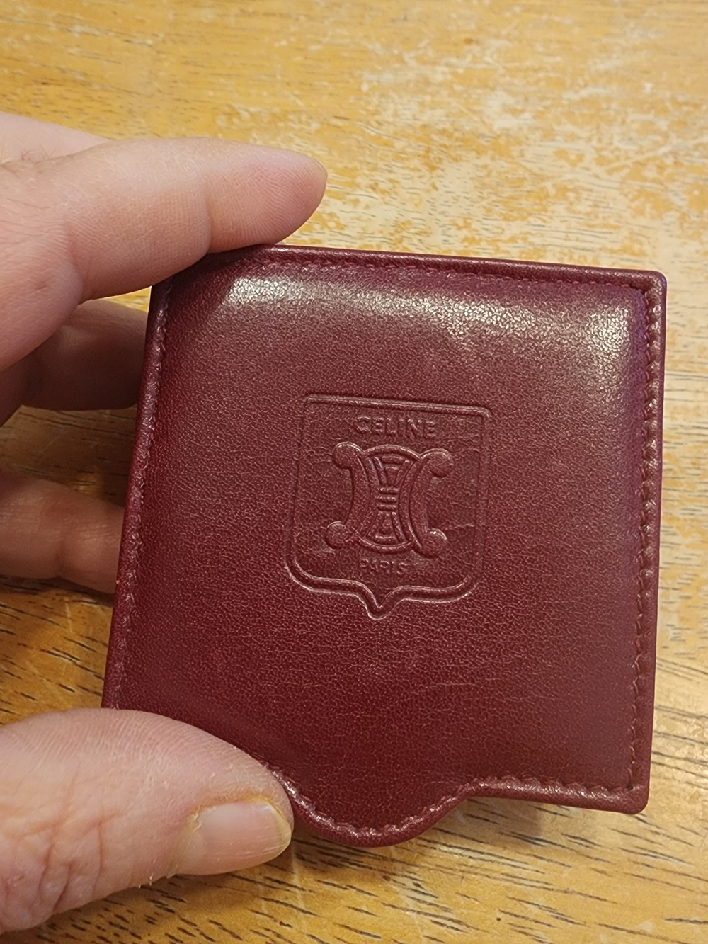 vintage Celine Bordeaux leather box-shape coin purse.